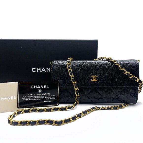 Authentic CHANEL CC Classic Caviar Flap Wallet Quilted Leather Chain Purse Black - Picture 1 of 14